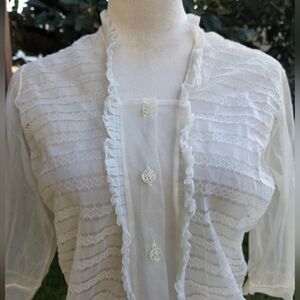 1950s Vintage White Chiffon Ruffled Top